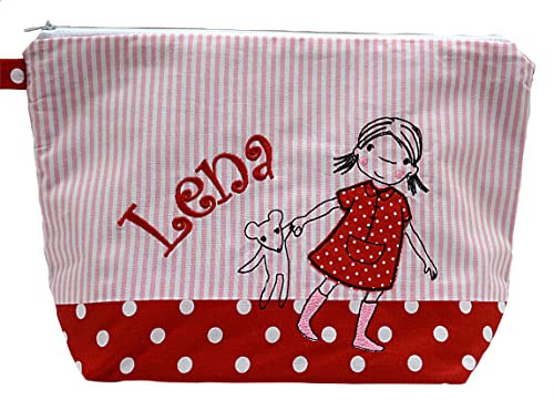 bestickte Tasche MÄDCHEN mit TEDDY + Name //rosa - rot//Wickeltasche Kulturbeutel Windeltasche Kulturtasche Waschtasche 20 Schriften Kosmetiktasche