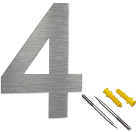 Lukadria XXL Hausnummer 4 aus gebürstetem Edelstahl V2A - rostfreie 2D-Zahl für die Hauswand - witterungsbeständige Haus-Nummer - 30 cm - Arial