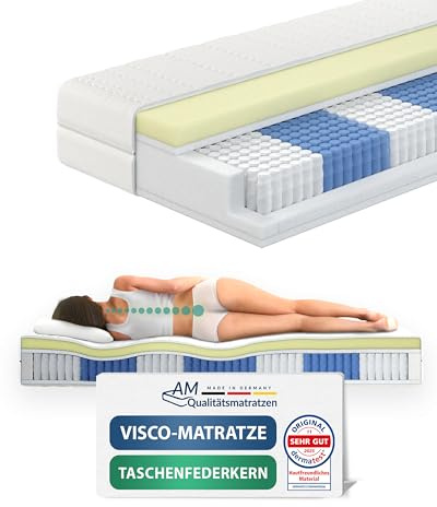 AM Qualitätsmatratzen Premium Visco-Taschenfederkernmatratze 80x200cm H2 24cm - Made in Germany & Oeko TEX Siegel - 7 Zonen Visco-Federkernmatratze 80x200 mit 1000 Federn & Lyocell Bezug