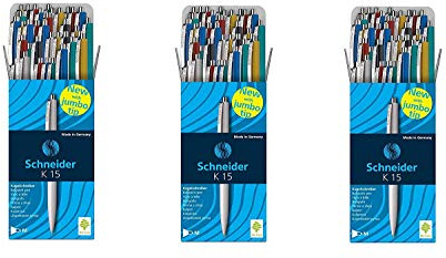 Schneider Kugelschreiber K15, Schreibfarbe blau, 50 Stück, Gehäusefarben rot, grün, weiß, blau, schwarz, gelb 50 Stück/Sortiert (150 Stifte)