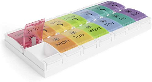 7 Day Pill Organizer - (Pack of 2) Easy Push Button Assisted Open for Arthritis a Daily Travel Pill Box Case Planner and Large Compartments for Medication Vitamins Fish Oil & Supplements, BPA Free