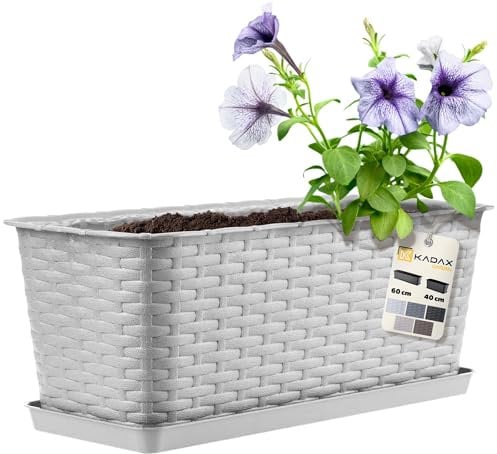 KADAX Jardinière Rectangulaire 40 cm, Balconnière en Plastique Aspect Rotin avec Soucoupe pour Embellir Votre Espace Extérieur (Gris)