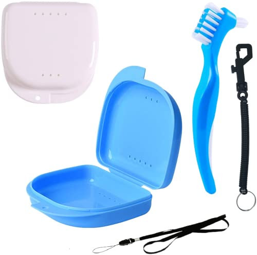 [Set 5 pzs] Cajas Ortodoncia + Cepillo Limpiador | incl. Mosquetón y Cordón para Colgar | Estuches con Agujeros para Dentadura postiza, Alineador, Férula, Retenedor (Azul + Blanco)