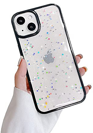 Ownest Compatible with iPhone 13 Case,Clear Sparkly Bling Star Glitter Design for Girls Women Soft TPU Shockproof Anti-scratch Protective Phone Cases for iPhone 13-Black