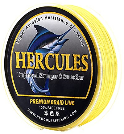 HERCULES Farbechte Geflochtene Angelschnur, 2000m PE Geflochtene Schnüre, 8 Stränge Multifile Angelschnur, 70lb Test für Salzwasser und Süßwasser, Gelb, 70lb, 2000m