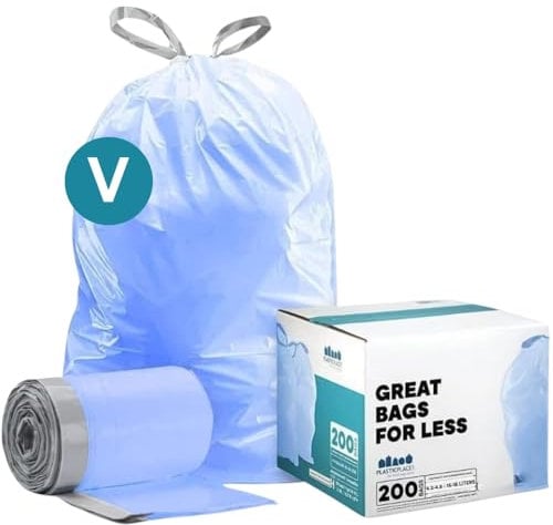 Plasticplace Code V Compatible (200 Count) Blue Recycling Bags Drawstring Garbage Can Liners 4.2-4.8 Gallon / 16-18 Liter 14.75 x 28