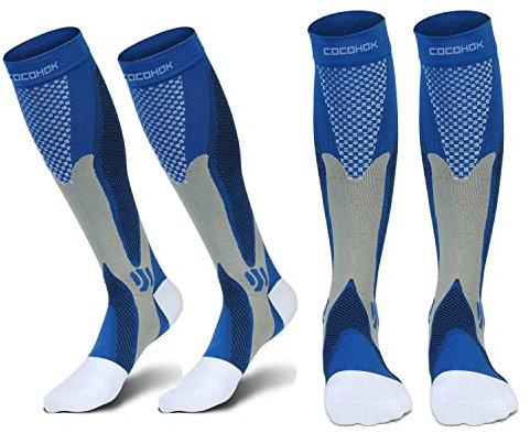 COCOHOK compressiekousen voor dames en heren, ter verhoging van prestaties, uithoudingsvermogen, doorbloeding en herstel, geschikt voor sport, voetbal, hardlopen en vliegen,2 Paar Bl