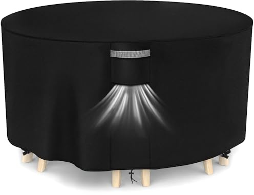 Dokon Funda Mesa Redonda Exterior Impermeable, Funda Muebles de Jardín | Oxford 420D, Capa PU Impermeable, Correas y Cordón Antiviento, Respiraderos Ocultos, Anti-UV, Redonda 190x80cm, Negro