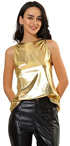 Allegra K Damen Pailletten Oberteil Metallic Glitzer Ärmellos Club Party Camisole Tank-Tops Glänzendes Gold L