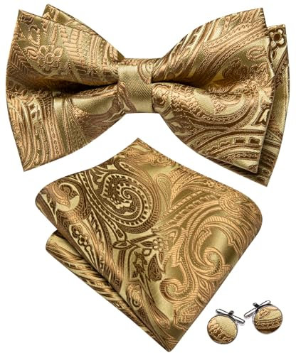 Barry.Wang Herren-Fliegen-Set mit Taschentuch und Manschettenknöpfen, Paisleymuster, Seide, Paisleymuster, Gold massiv, Einheitsgröße