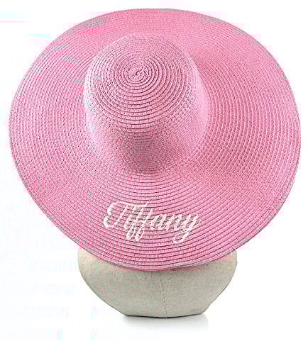 One Piece Embroidered Custom Straw Hat Beach Big Brim Sun Hat Women's Wide Brim Sun Hat Bright Pink
