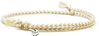 Nato Cuff - Bracelet Coton tressé - Fait Main en France- Médaille Acier Inox 316L- Bijou Homme ou Femme Ajustable (Beige/Blanc)