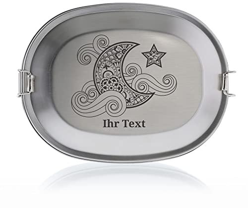 gravur-fabrik.de – personalisierbare Brotdose mit Namen aus Edelstahl – Zentangel Mond – gravierte Brotbox für Schule, Ausflüge & Co – spülmaschinenfeste Lunchbox (15,5x11,5x4,5cm)
