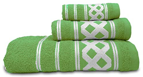 briebe Home Juego de Toallas Baño 100% algodón Rizo 450gr, Set 3 Piezas, Amazonica Basic, 3 Tamaños Ducha Sábana, Manos, Tocador, Cenefa Rombos Bordada, Hecho en Portugal Verde Aceituna