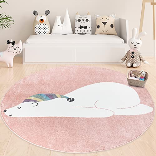 payé Teppich Kinderzimmer Rund - Rosa - 120x120cm - Pastellfarben Spielteppich Kinderteppich Kurzflor Weich Schlafender Bär mit Schlafmütze