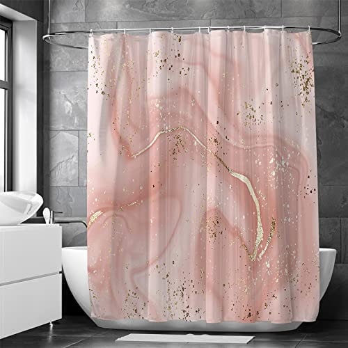 18meng Art Duschvorhang 140x180cm Rosa Gold Duschvorhänge Marmor Optik Abstrakte Shower Curtain Anti Schimmel Wasserdicht Polyester Stoff Waschbar Blickdicht Bad Vorhang mit Haken für Badezimmer