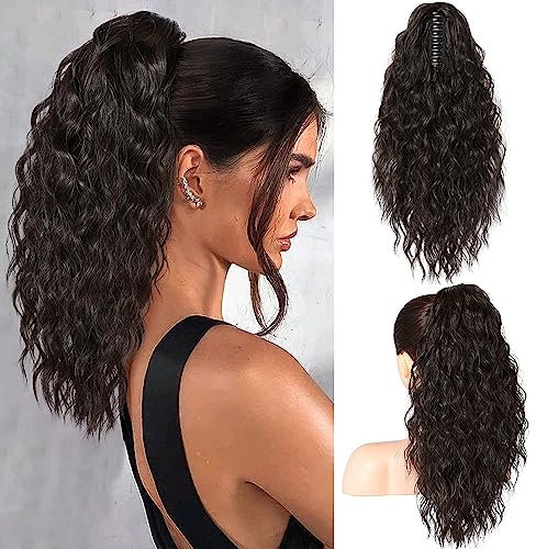 PORSMEER Pferdeschwanz Haarteil Ponytail Extensions Natürliches Schwarz mit klammer 45cm Lange Gewellte Lockige Haarverlängerung Zopf Clip in Klaue Natürlich Kunsthaar Haarteil für Frauen,18zoll