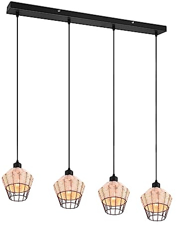 Reality Leuchten Pendelleuchte Borka R31264036, Metall Schwarz matt, Rattangeflecht naturbelassen, exkl. 4x E27