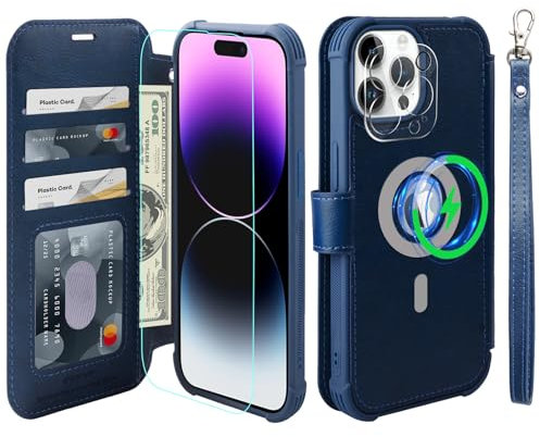 VANAVAGY Wallet Case Compatible for iPhone 15 Pro Max,Leather Flip Folio Wrist [Screen Camera Protector Included][Compatible for Magsafe and Wireless Charging] RFID Block Credit Card Holder,Navy Blue