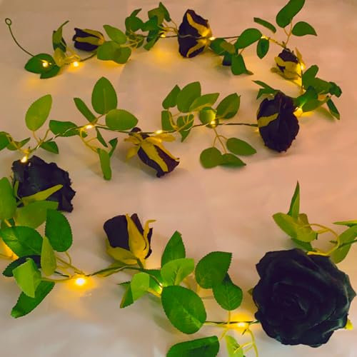 Fielegen 2M Künstliche Rosen Blumegirlande mit Lichterkette, Batteriebetrieben Hängende Rosenranke mit 20 LED-Licht für Innen Zimmer Home Garten Hochzeit Party Valentinstag Schwarze Halloween Dekor
