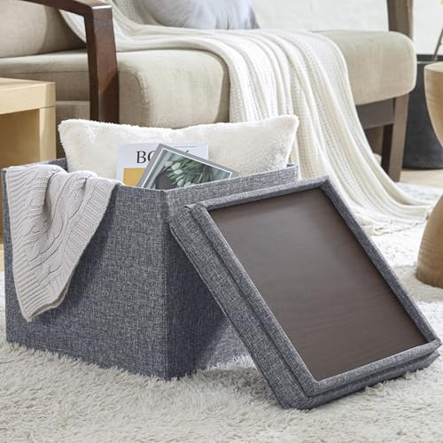 Ornavo Home Square Storage Ottoman Linen Foldable Tufted Cube Storage Ottoman Foot Rest Stool/Seat with Table Top Lid, Coffee Table Ottoman - 15 x 15 x 15 (Gray)