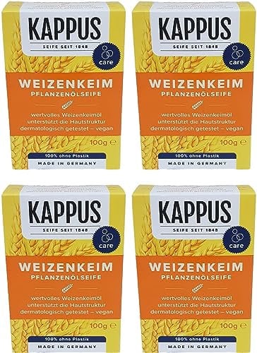 Kappus Weizenkeim Pflanzenölseife – 4er Pack (4 x 100g) – Pflegeseife mit Vitamin E, sanfte Reinigung für empfindliche Haut, ohne tierische Fette