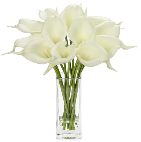 Hollyone 12 pcs Artificial Calla Lilies with Glass Vase Realistic Fake Flowers, Real Touch White Faux Flowers in Vase for Home, Living Room, Wedding, Centerpiece, Office, Party Decorations