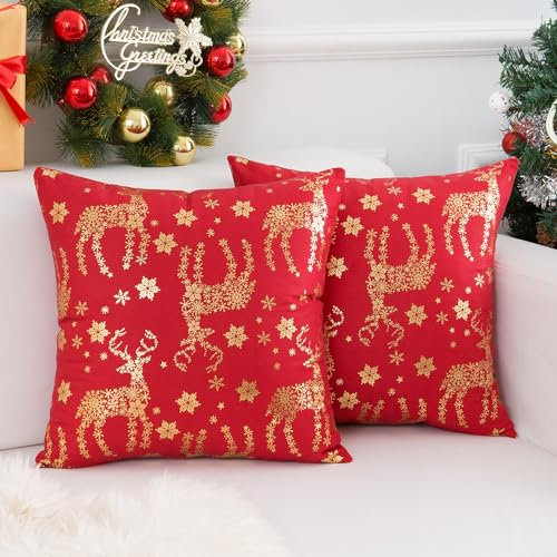 Weihnachten Rot Elch Kissenbezug 45x45 cm Weihnachten 2er Set Samt Modern Dekorative Bronzieren Kissenbezüge Festival SofaKissen Gemütlich Weich Quadratisch Heimdekoration für Auto Couch