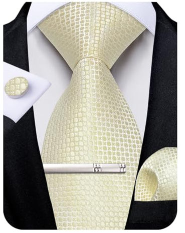 DiBanGu Herren Seidenkrawatten-Set, gestreift, kariert, Einstecktuch, Manschettenknöpfe und Krawattenklammer, Set für Business Hochzeit Party, hellgelb, Einheitsgröße