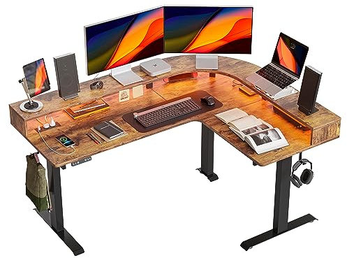 FEZIBO L Form Stehpult mit Monitorständer, DREI Motoren Schreibtisch Höhenverstellbar Elektrisch mit LED Strip und Stromanschlüsse, 160 x 125 cm eckschreibtisch, Rustikales Braun Tischplatte