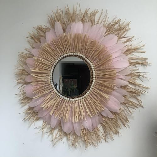 swanell Grand Miroir Plumes Roses et Raphia Naturel