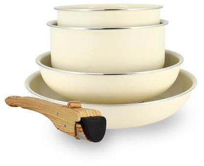 Menastyl 6020587 - Batería de cocina (5 piezas, aluminio reciclado, 2 sartenes de 22/26 cm + 2 ollas de 16/18 cm + 1 mango extraíble, todos los fuegos, incluida la inducción)