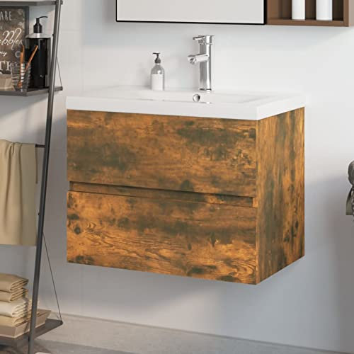 ZEYUAN Meuble lavabo avec Bassin intégré Chêne fumé Bois d'ingénierie,Vasque À Poser Salle De Bain,Lavabo Salle De Bain