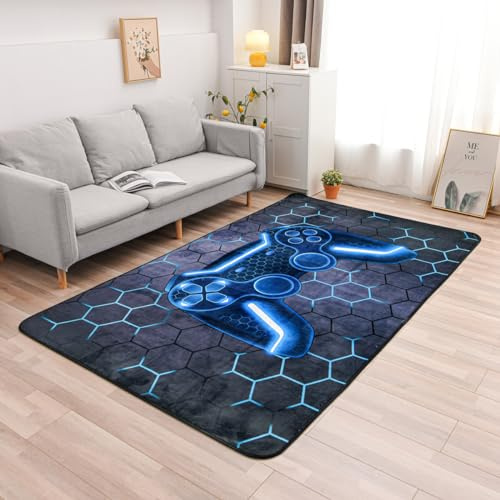 NTBED Spielkonsolen-Teppich für Schlafzimmer, Sofa, Spielzimmer, Gaming, geometrischer Nachttisch, Gamer, dekorative Bodenmatte, Teppich (1,2 x 1,8 m, blau)