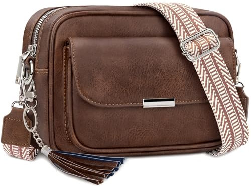 NEWIROVE Crossbody Bag Damen Leder Umhängetasche Damen Mittelgroß Handtasche Schwarz mit Breitem Gurt Verstelbaar Schultertasche Damen Mit Fransen Für den Einkauf Auf Reisen Casual,Dunkelbraun