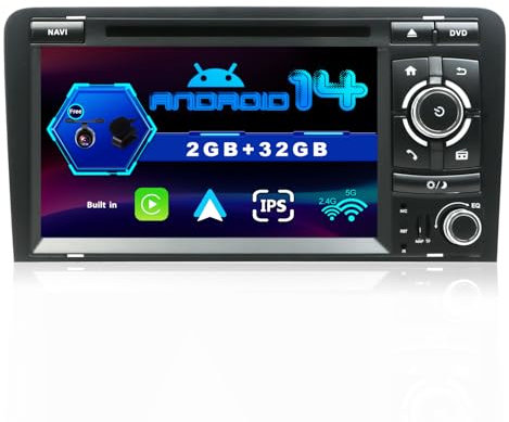 SXAUTO Android 14 IPS Autoradio para Audi A3 8P 8PA S3 RS3 (2003-2013) - 2G+32G - Inalámbrica CarPlay/Android Auto - Gratis Cámara Trasera - Dab Fast-Boot Volante Split-Screen - 9 Pulgada 2 DIN