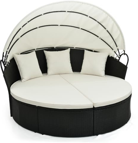 COSTWAY Lit de Jardin Rond en Rotin PE avec Auvent Rétractable, Ensemble de Chaises avec Coussins et Oreillers Amovibles Charge 360KG, pour Jardin Porche Bord de Piscine, Blanc Cassé