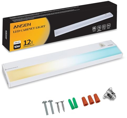 Ansen Hardwired Under Cabinet Lighting, 12in 10W LED Light for Kitchen/Closet, 666.7lm, CRI>92, R9>90, Dimmable, 5 Color Temperature, 2700K-5000K(Warm White, Cool White, Daylight)