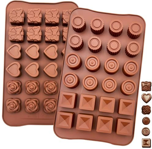Joyek 2 Piezas Moldes de Silicona para Chocolate Antiadherente 24 Cavidades molde bombones silicona con 6 Formas Creativas moldes silicona reposteria para Dulces, gominolas, Gelatina, cubitos de hielo