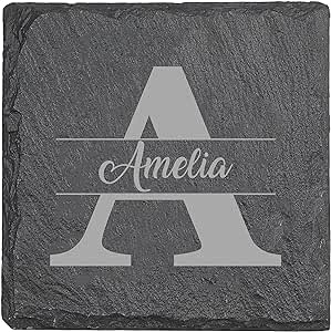 PB TECH Personalised Engraved Square Slate Coaster, Personalised Coaster Stylish Initial with Name, Customised Gift for Birthday, Christmas Day for Mom, Dad, Kids, Friends or Girl (SQUARE)