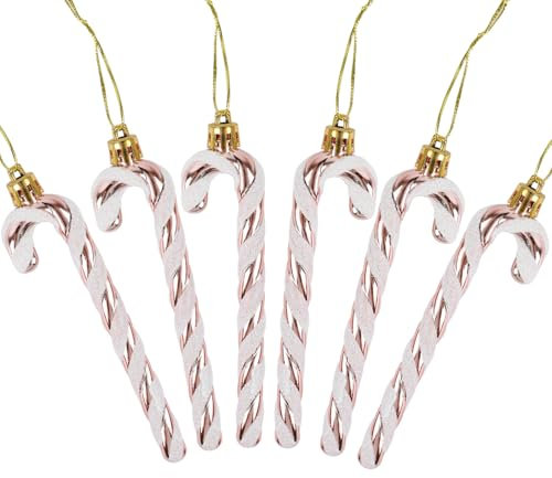 DERAYEE 6 PCS Christmas Glitter Candy Cane Plastic Candy Cane Christmas Tree Decorations for Xmas New Year Party Supplies (Rose gold&White)