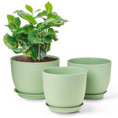Gardrium Kunststoff Blumentopf Pflanzentopfs mit Untersetzer (22,9-20,3-19 cm) 3er-Set, Plastik Übertopf Kräutertopf mit Ablauflöchern, Rund Pflanzkübel für Innenbereich und Balkon, Grün