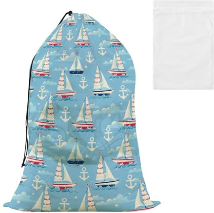Segelboot mit Anker, Wäschesack, Kordelzug-Verschluss, schmutzige Kleidung, Organizer, 61 x 90 cm, einfach für einen Wäschekorb oder Korb, Reisen