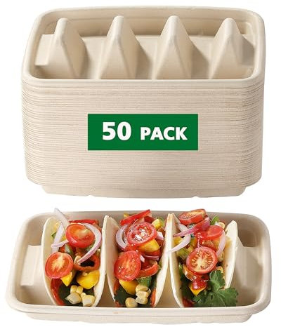 50 Stück Einweg-Taco-Halter für Party, HiA Premium-Papier-Taco-Teller, Taco-Tablett, Ständer für 3 Tacos, Taco-Bar-Servierset für eine Party, Taco-Teller mit Trennwänden, Taco-Dienstag