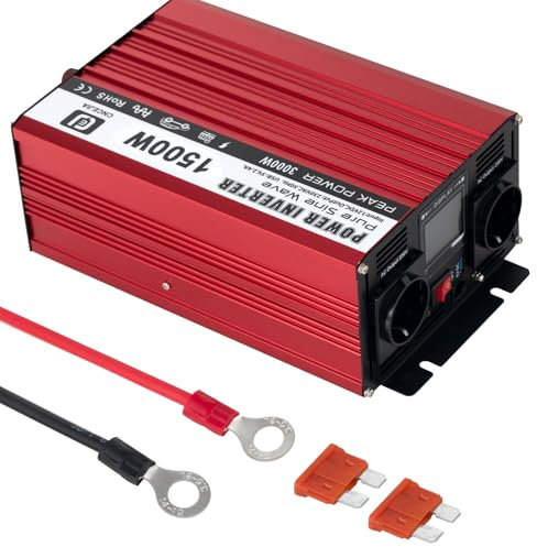 CNCEJIA Power Inverter 1500W Onda Sinusoidale Pura Convertitore di Tensione DC 12V a AC 230V con Porta USB & LCD Display per Casa, Auto,Camion (Rosso)