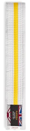 Playwell Ceinture d'arts martiaux en coton blanc avec rayures colorées – (karaté, judo taekwondo), Ceinture blanche avec rayures jaunes, 220cm
