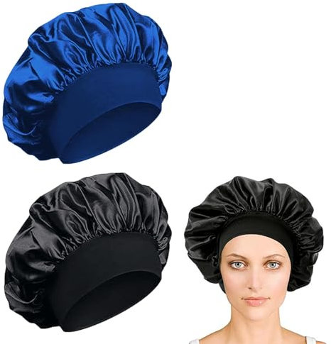 iLamvie 2 Stück Satin Haarhaube, Nacht Schlafhaube,Schlafhaube Haare Schützen,Satinhaube Zum Schlafen,Haarnetz Für Damen Und Mädchen(Schwarz+blau)