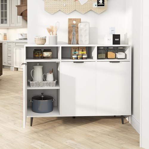 GIANTEX Sideboard mit 3 Türen, Küchenschrank mit höhenverstellbaren Einlegeböden, 3 offenen Fächern und 3 Schränken, freistehender Schrank für Bar, Wohnzimmer und Esszimmer, weiß