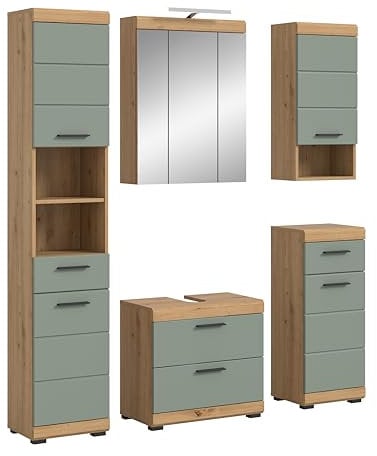 xonox.home Bad Scout X06N3B25 Badkombination Badmöbelset Badset in Salbei und Artisan Eiche Nachbildung, ca. B/H/T: 164x191x34 cm
