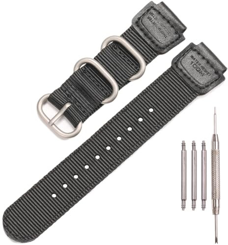 Nylon Armband Kompatibel mit Casio W735H AQS810 AEQ110BW AE1200WH W800HG A158WA Heavy Duty Metall Ring Uhrenarmband 18mm Ersatz Drahtband (Black steel buckle)